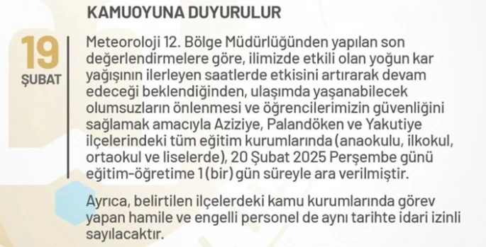 Erzurum’da eğitime 1 gün kar tatili